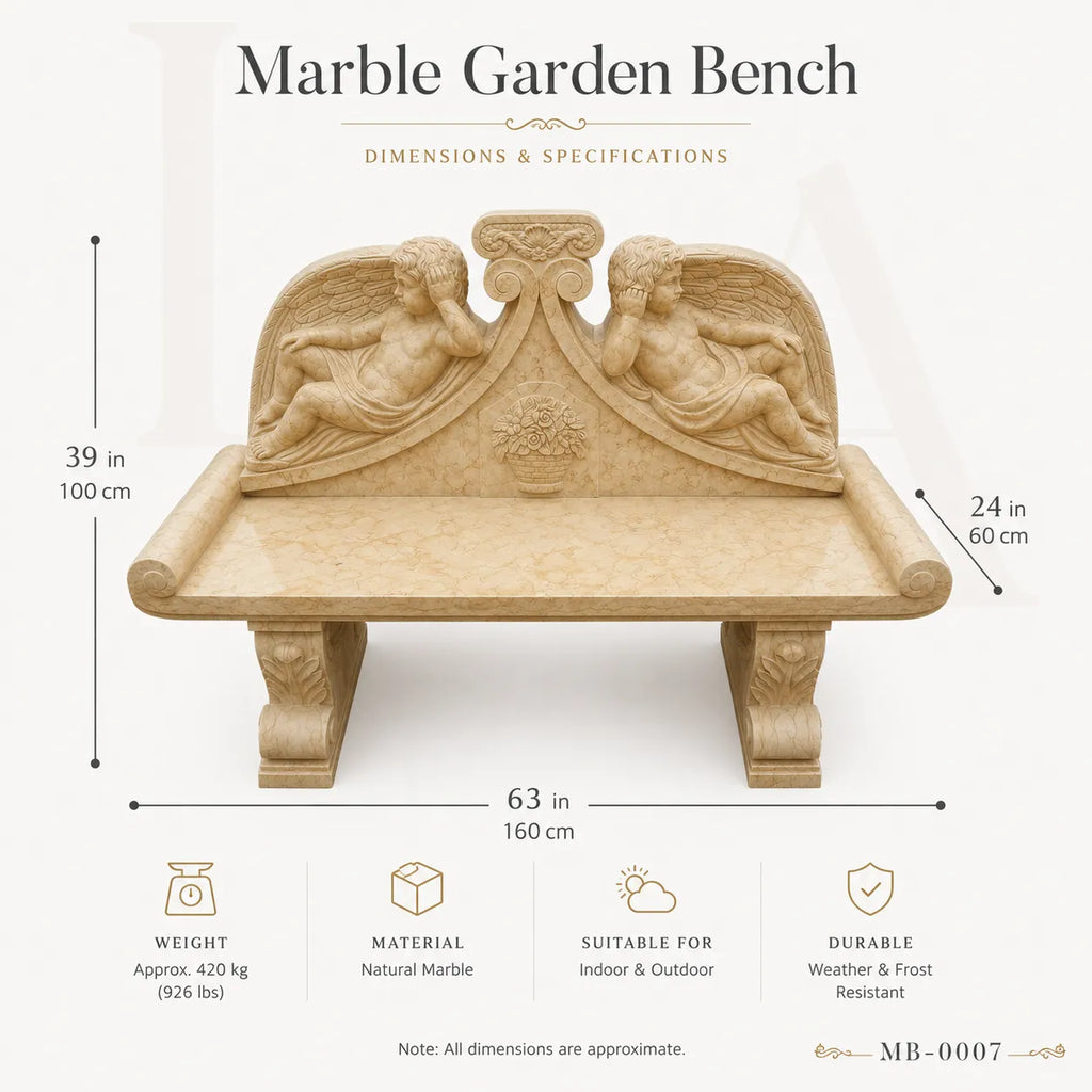 Luxury Beige Marble Cherub Garden Bench | Hand-Carved European Stone Bench