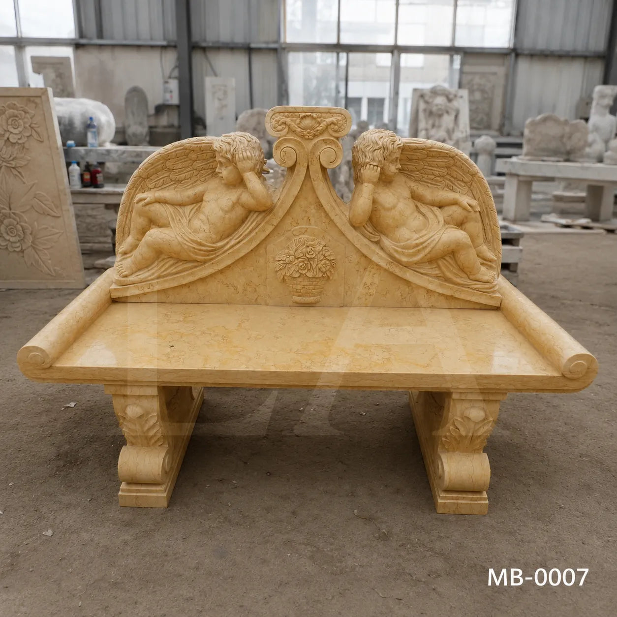 Luxury Beige Marble Cherub Garden Bench | Hand-Carved European Stone Bench