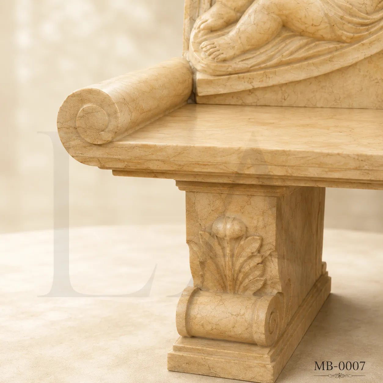 Luxury Beige Marble Cherub Garden Bench | Hand-Carved European Stone Bench
