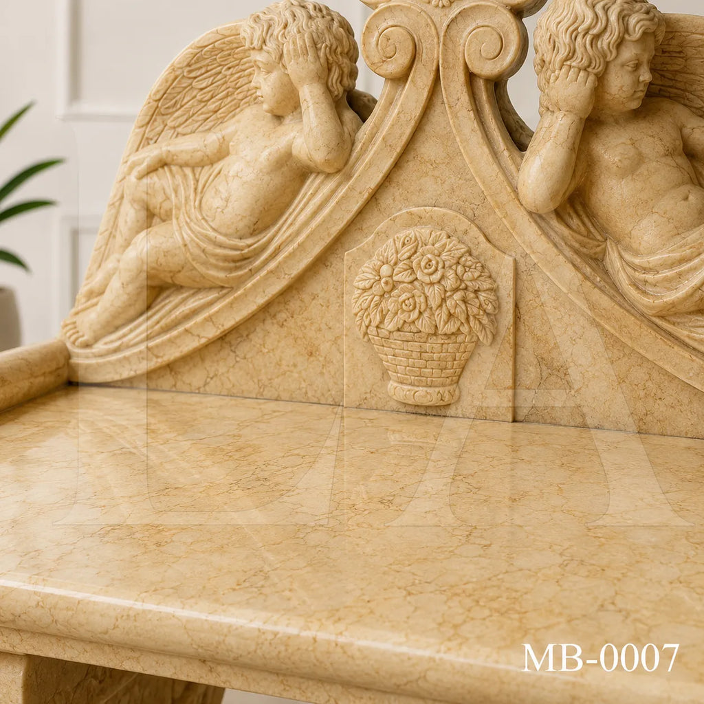 Luxury Beige Marble Cherub Garden Bench | Hand-Carved European Stone Bench