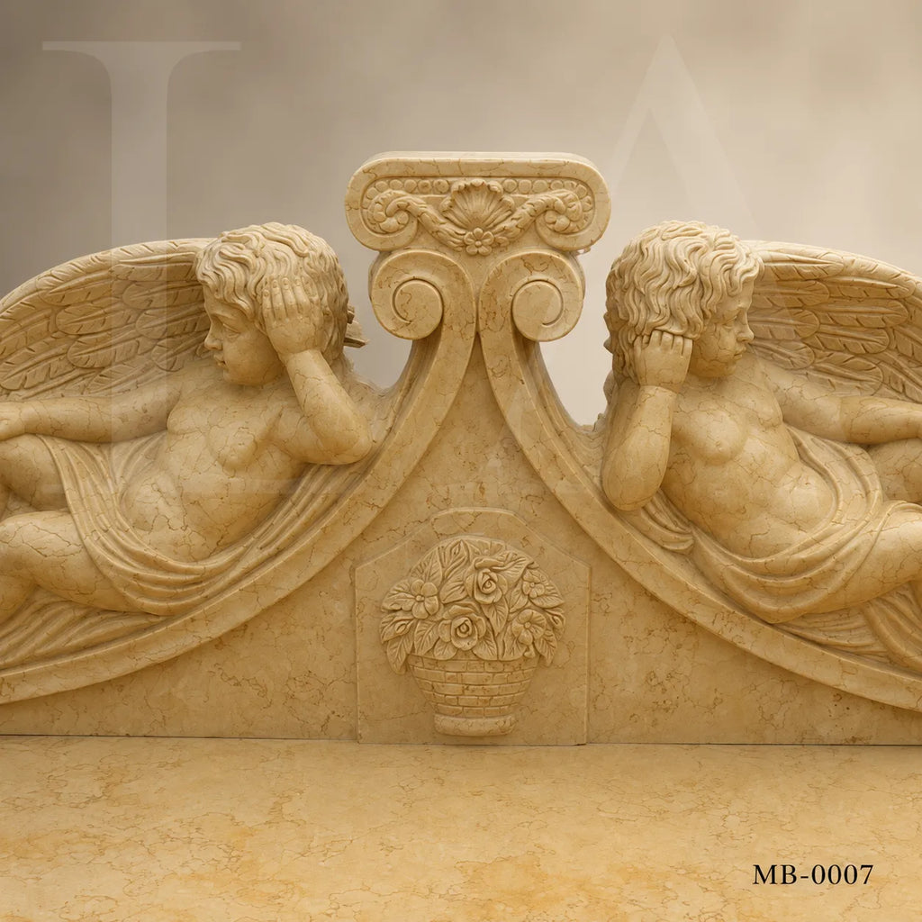 Luxury Beige Marble Cherub Garden Bench | Hand-Carved European Stone Bench