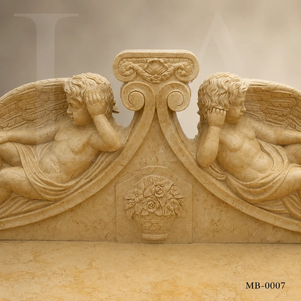 Luxury Beige Marble Cherub Garden Bench | Hand-Carved European Stone Bench