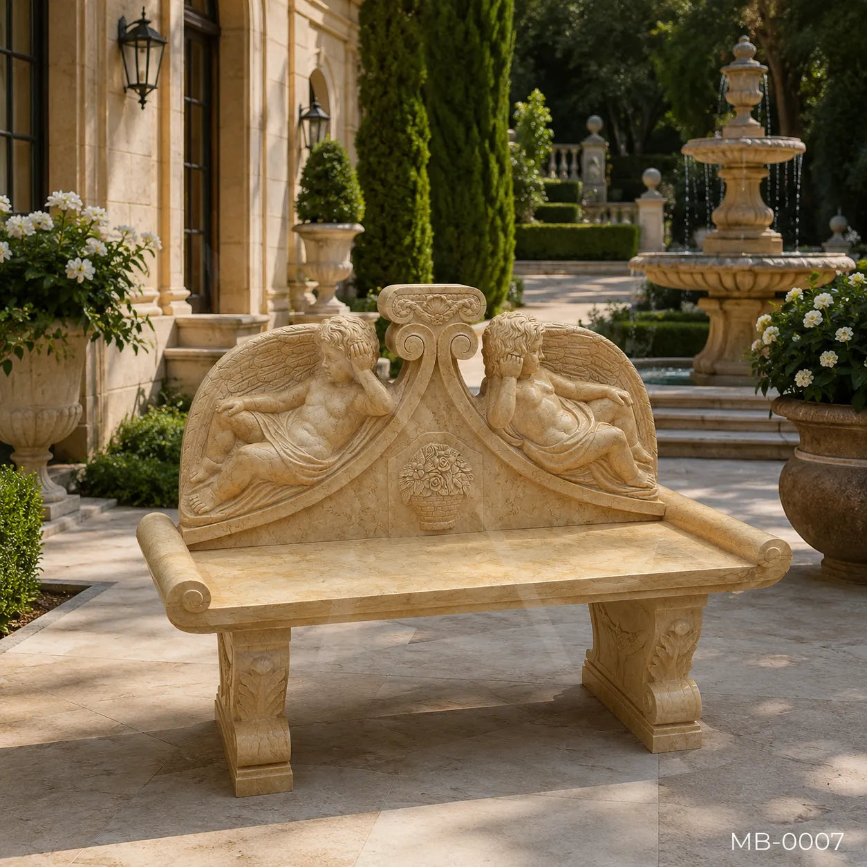 Luxury Beige Marble Cherub Garden Bench | Hand-Carved European Stone Bench