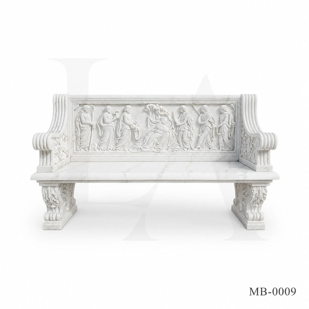 Luxury White Marble Greek Mythology Garden Bench | Hand-Carved Classical Stone Bench 78 Inch