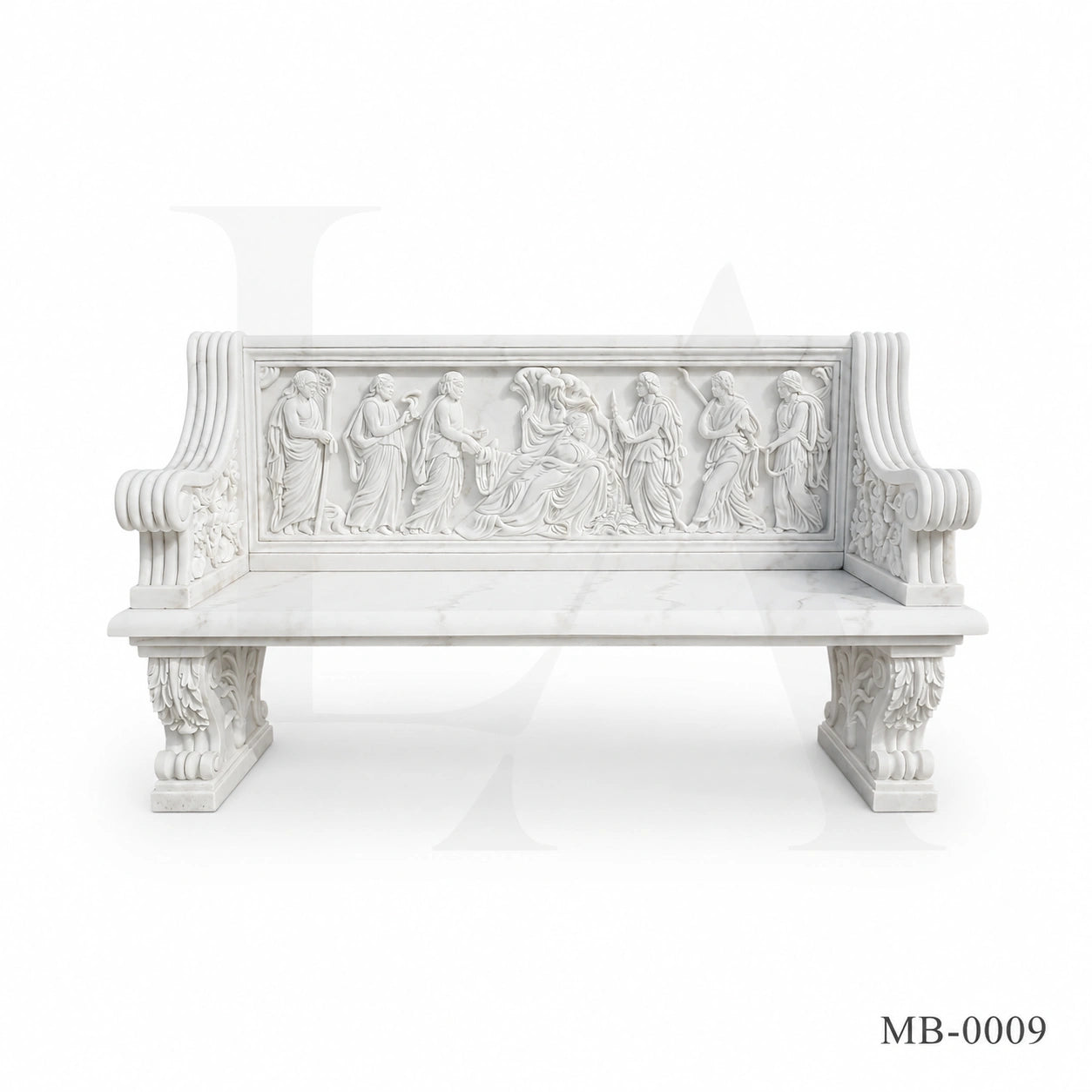 Luxury White Marble Greek Mythology Garden Bench | Hand-Carved Classical Stone Bench 78 Inch