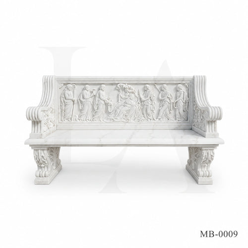 Luxury White Marble Greek Mythology Garden Bench | Hand-Carved Classical Stone Bench 78 Inch