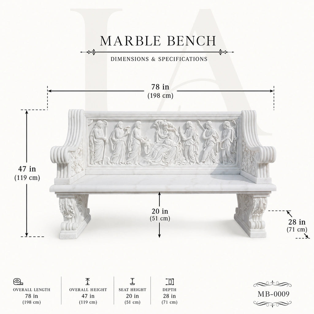 Luxury White Marble Greek Mythology Garden Bench | Hand-Carved Classical Stone Bench 78 Inch