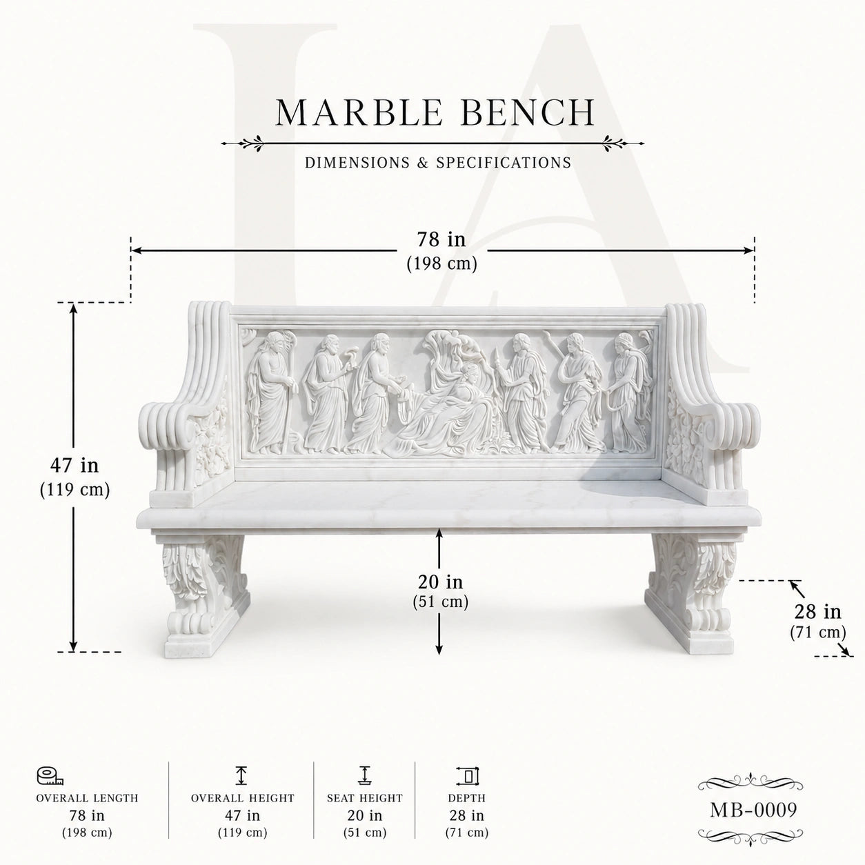Luxury White Marble Greek Mythology Garden Bench | Hand-Carved Classical Stone Bench 78 Inch