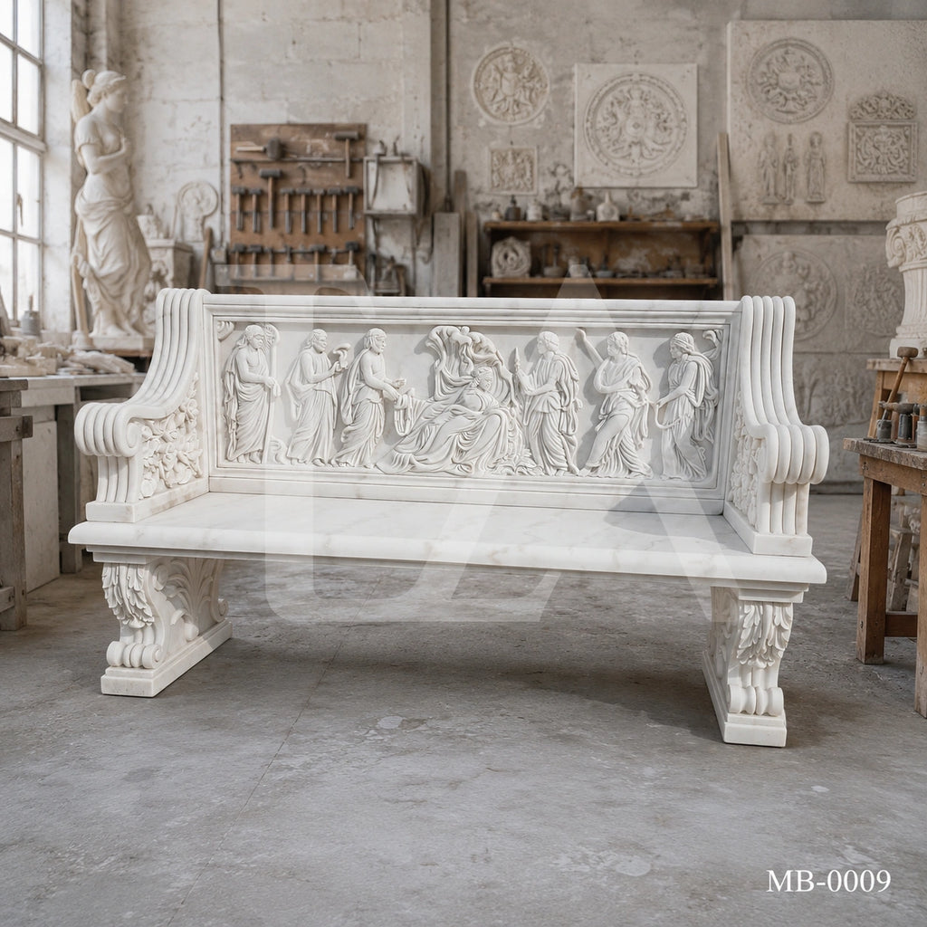 Luxury White Marble Greek Mythology Garden Bench | Hand-Carved Classical Stone Bench 78 Inch