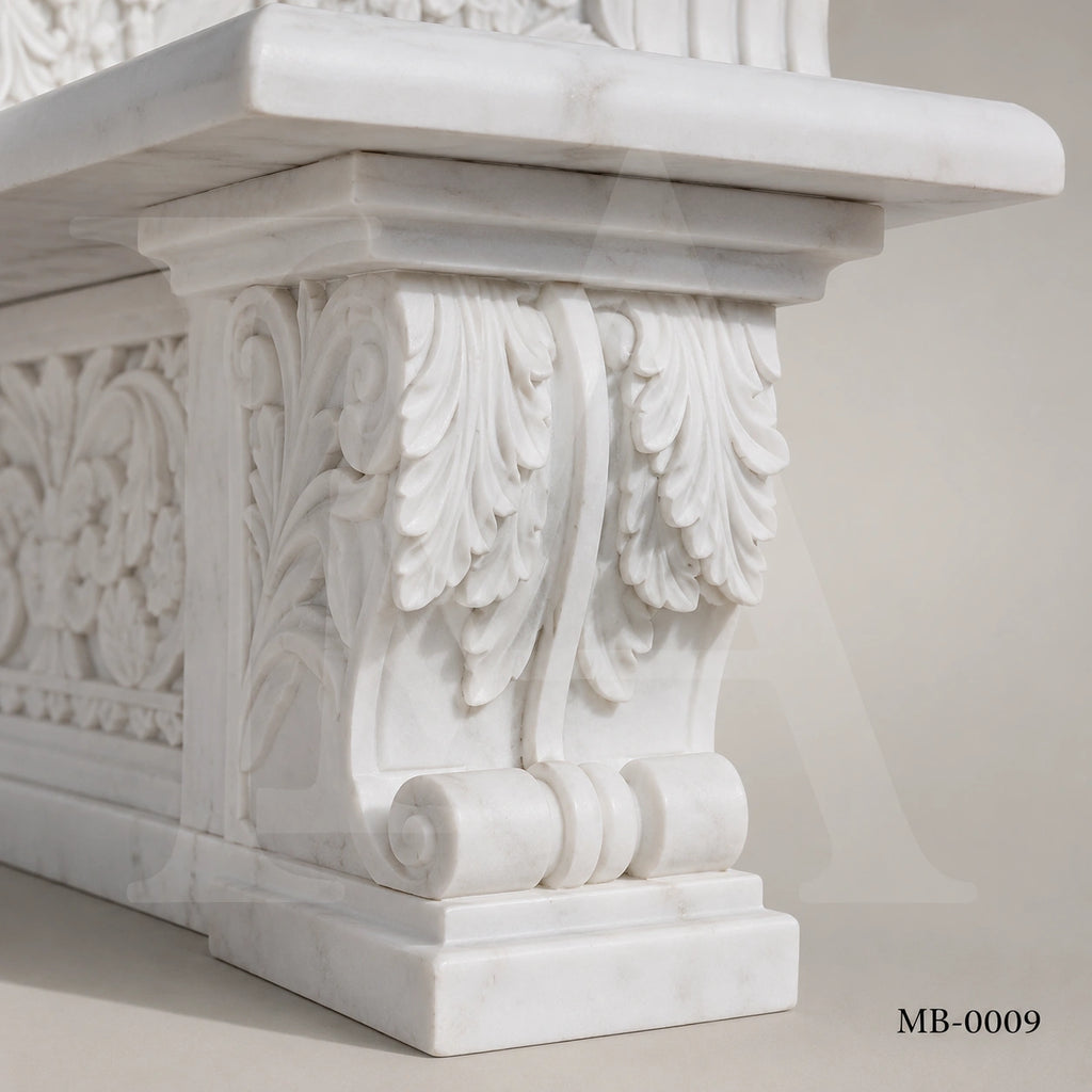 Luxury White Marble Greek Mythology Garden Bench | Hand-Carved Classical Stone Bench 78 Inch