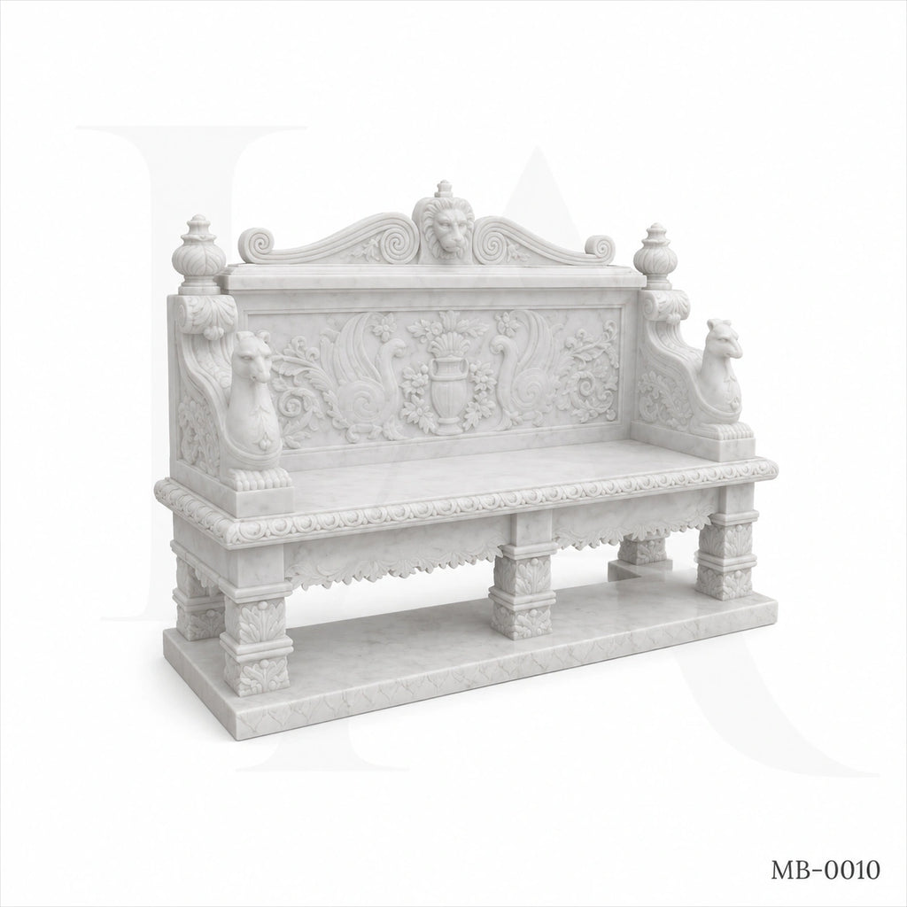 Luxury White Marble Renaissance Garden Bench with Lion Crest | Hand-Carved Classical Stone Bench