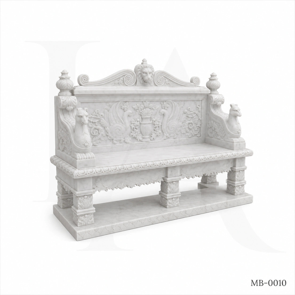 Luxury White Marble Renaissance Garden Bench with Lion Crest | Hand-Carved Classical Stone Bench