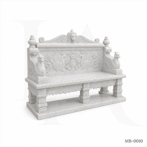 Luxury White Marble Renaissance Garden Bench with Lion Crest | Hand-Carved Classical Stone Bench
