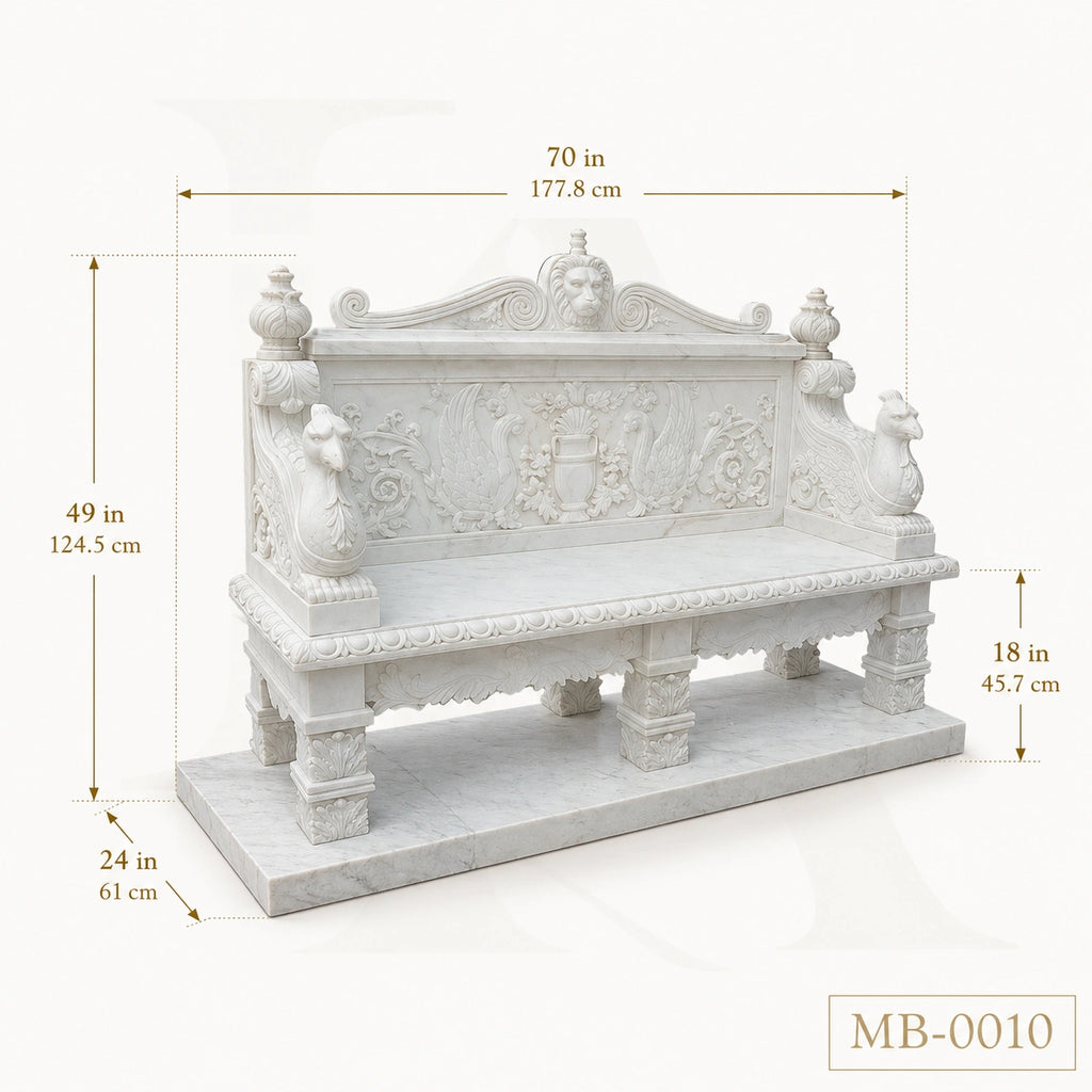 Luxury White Marble Renaissance Garden Bench with Lion Crest | Hand-Carved Classical Stone Bench