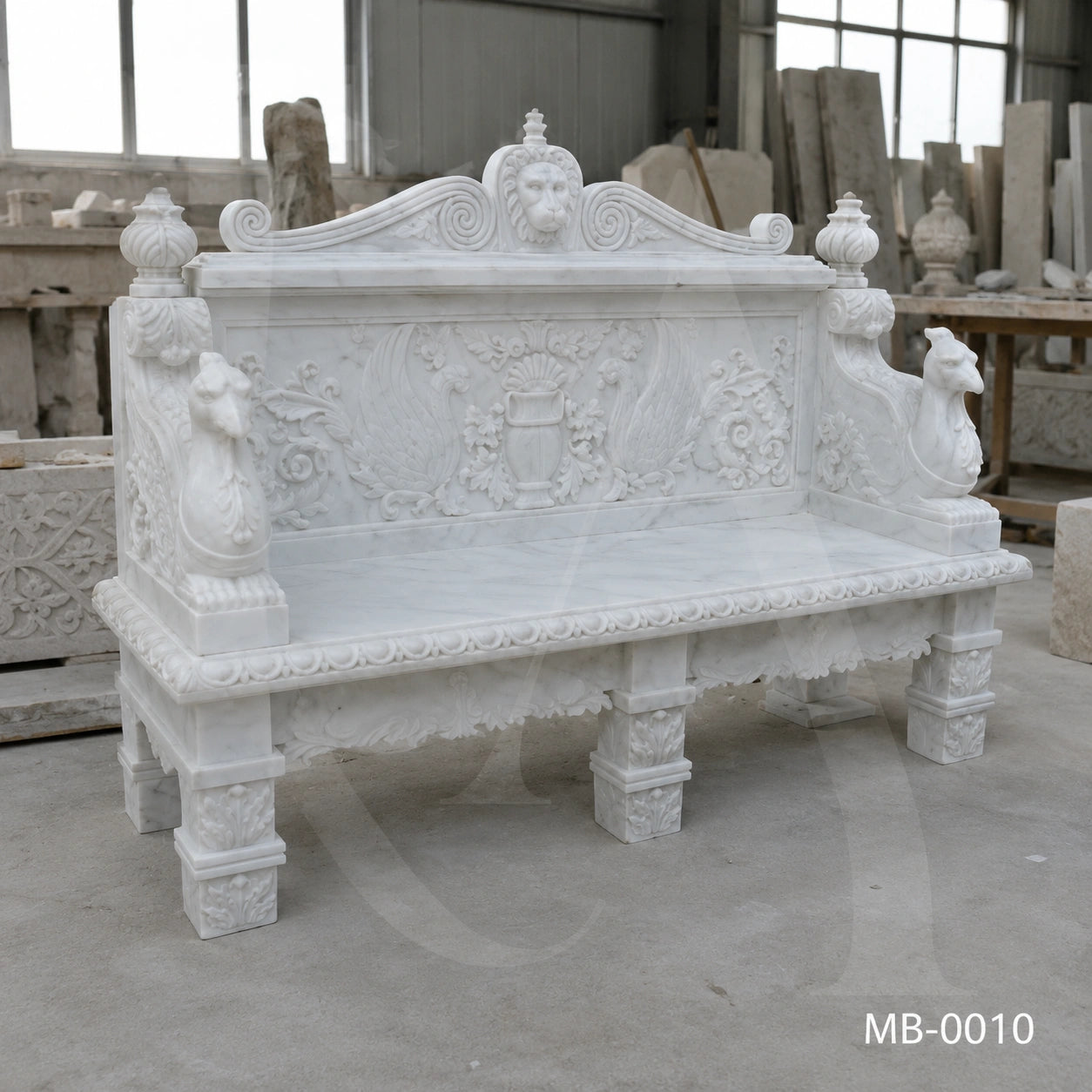 Luxury White Marble Renaissance Garden Bench with Lion Crest | Hand-Carved Classical Stone Bench