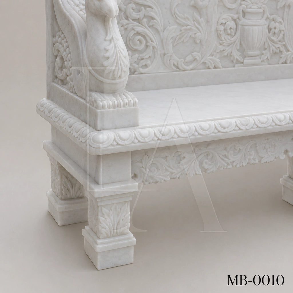 Luxury White Marble Renaissance Garden Bench with Lion Crest | Hand-Carved Classical Stone Bench