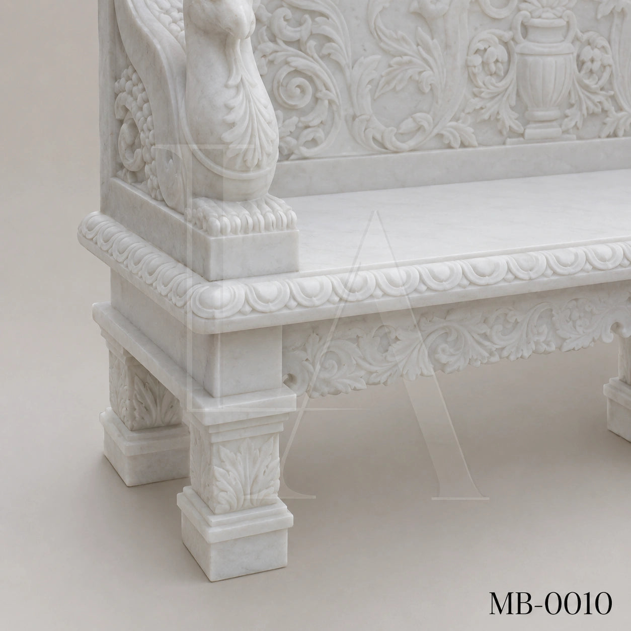 Luxury White Marble Renaissance Garden Bench with Lion Crest | Hand-Carved Classical Stone Bench