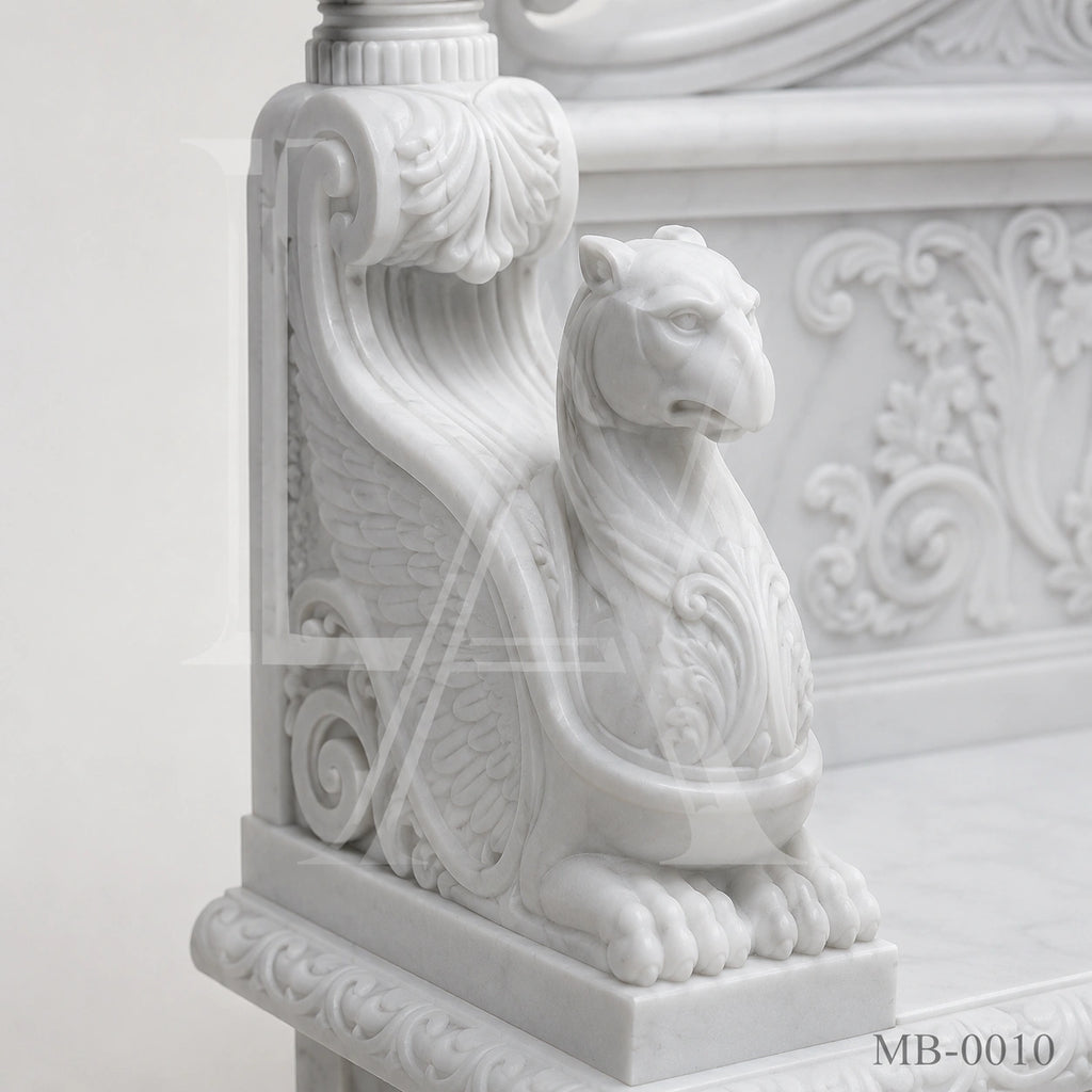 Luxury White Marble Renaissance Garden Bench with Lion Crest | Hand-Carved Classical Stone Bench