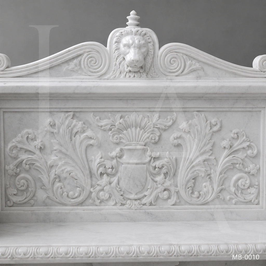 Luxury White Marble Renaissance Garden Bench with Lion Crest | Hand-Carved Classical Stone Bench