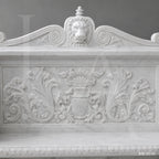 Luxury White Marble Renaissance Garden Bench with Lion Crest | Hand-Carved Classical Stone Bench