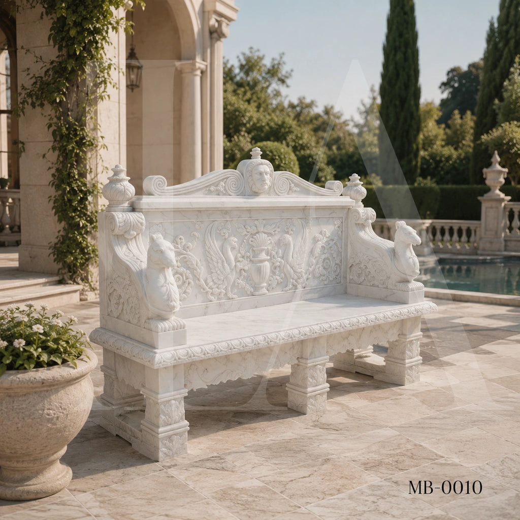 Luxury White Marble Renaissance Garden Bench with Lion Crest | Hand-Carved Classical Stone Bench