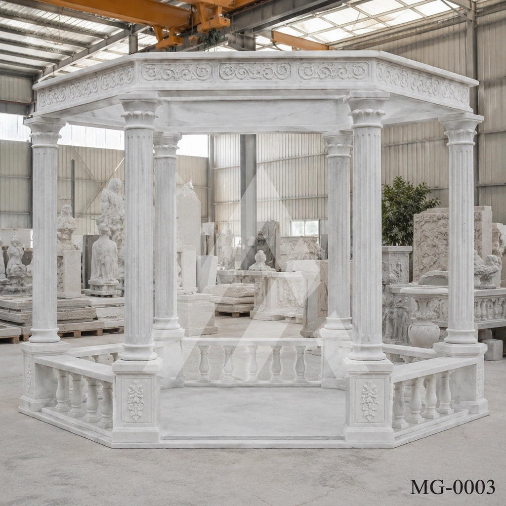 Luxury White Marble Gazebo with Classical Columns | Hand-Carved Roman Garden Pavilion