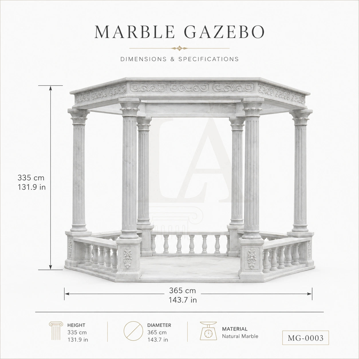 Luxury White Marble Gazebo with Classical Columns | Hand-Carved Roman Garden Pavilion