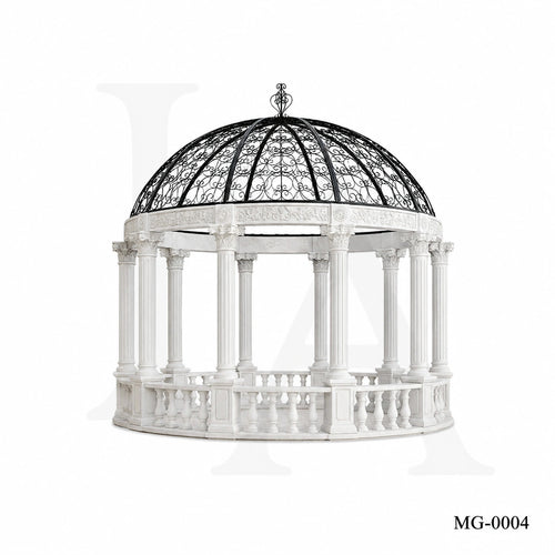 Luxury White Marble Gazebo with Hand-Forged Iron Dome | Classical Garden Pavilion