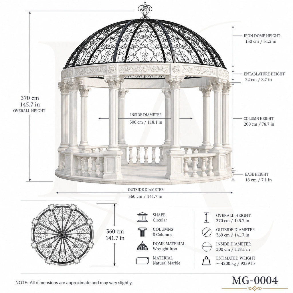 Luxury White Marble Gazebo with Hand-Forged Iron Dome | Classical Garden Pavilion