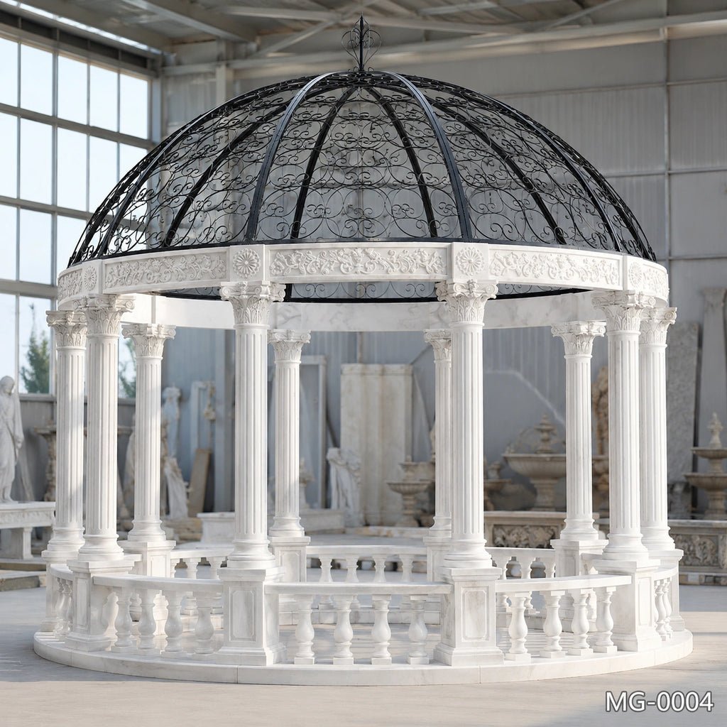 Luxury White Marble Gazebo with Hand-Forged Iron Dome | Classical Garden Pavilion