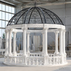Luxury White Marble Gazebo with Hand-Forged Iron Dome | Classical Garden Pavilion