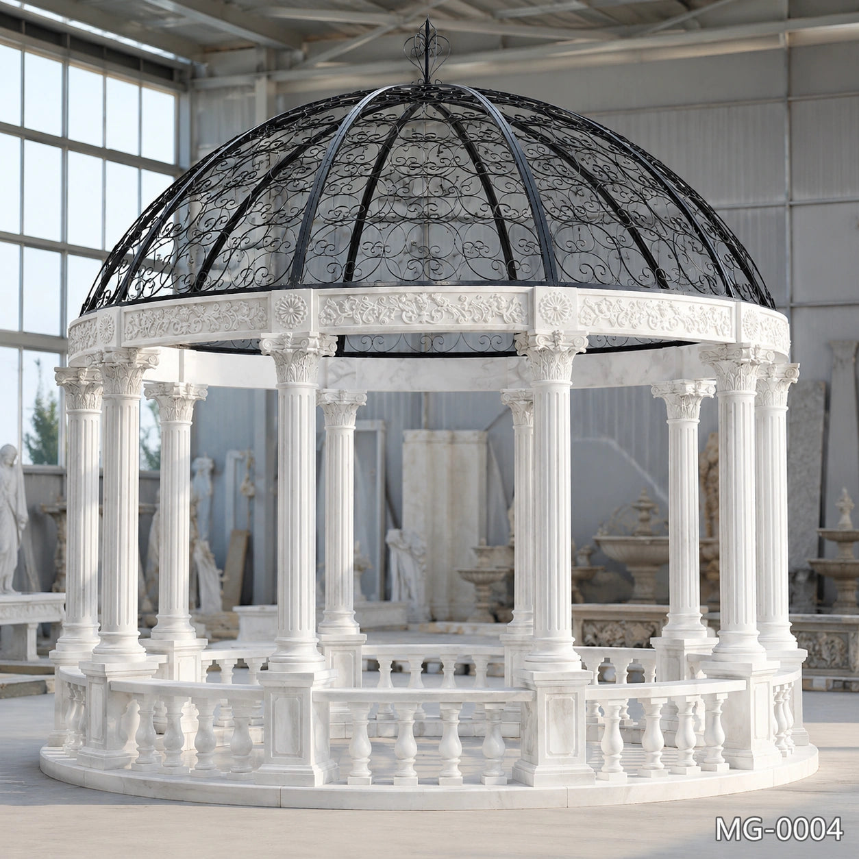 Luxury White Marble Gazebo with Hand-Forged Iron Dome | Classical Garden Pavilion