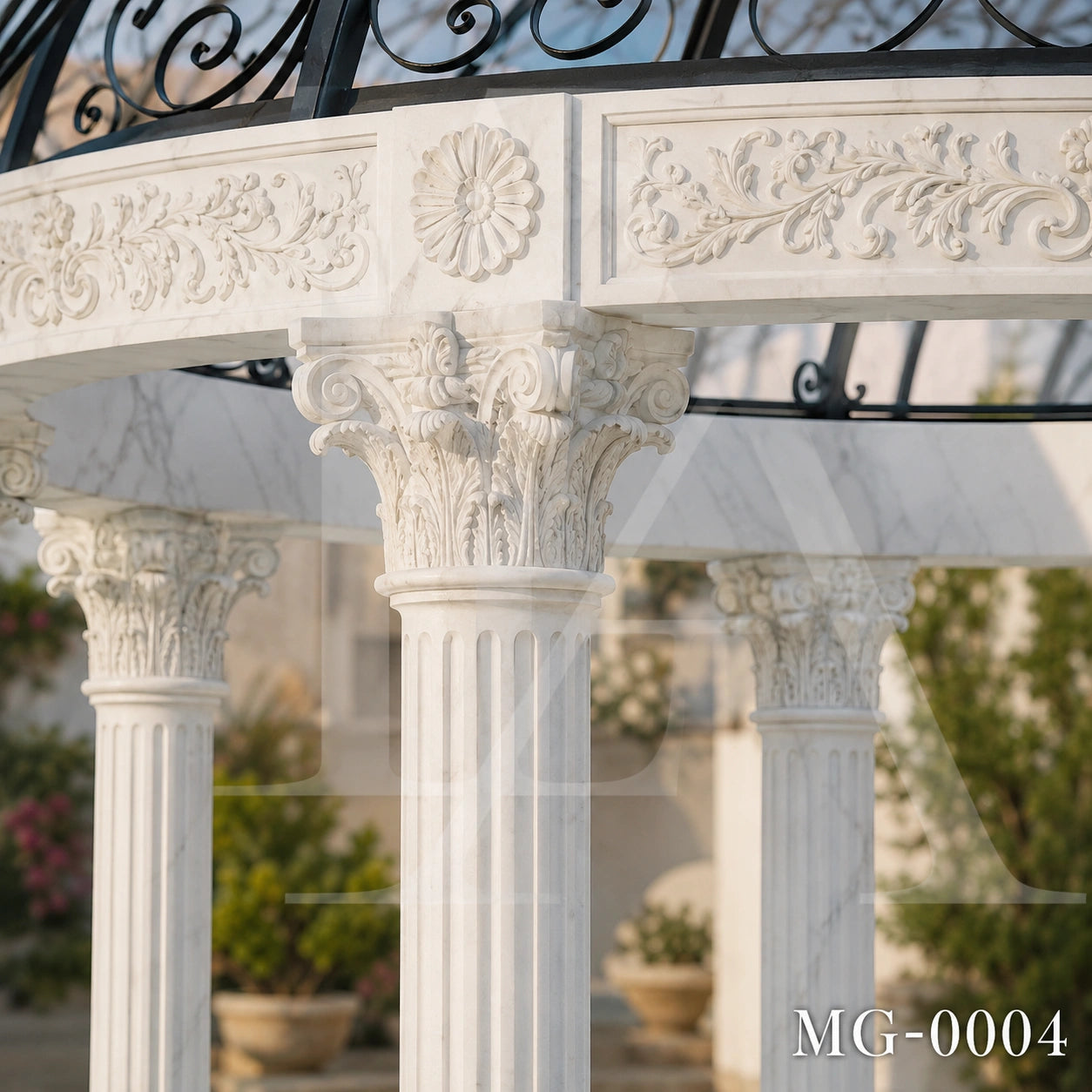 Luxury White Marble Gazebo with Hand-Forged Iron Dome | Classical Garden Pavilion