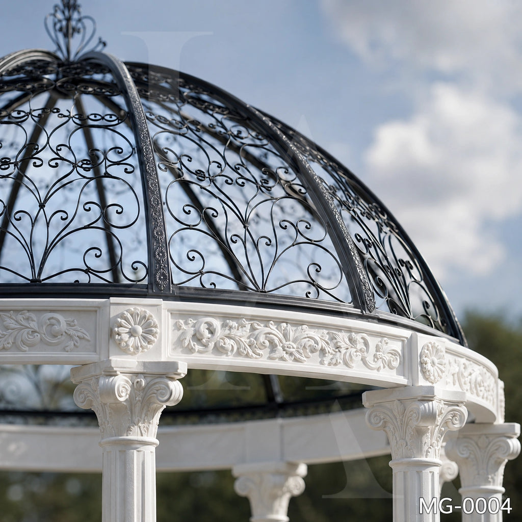 Luxury White Marble Gazebo with Hand-Forged Iron Dome | Classical Garden Pavilion