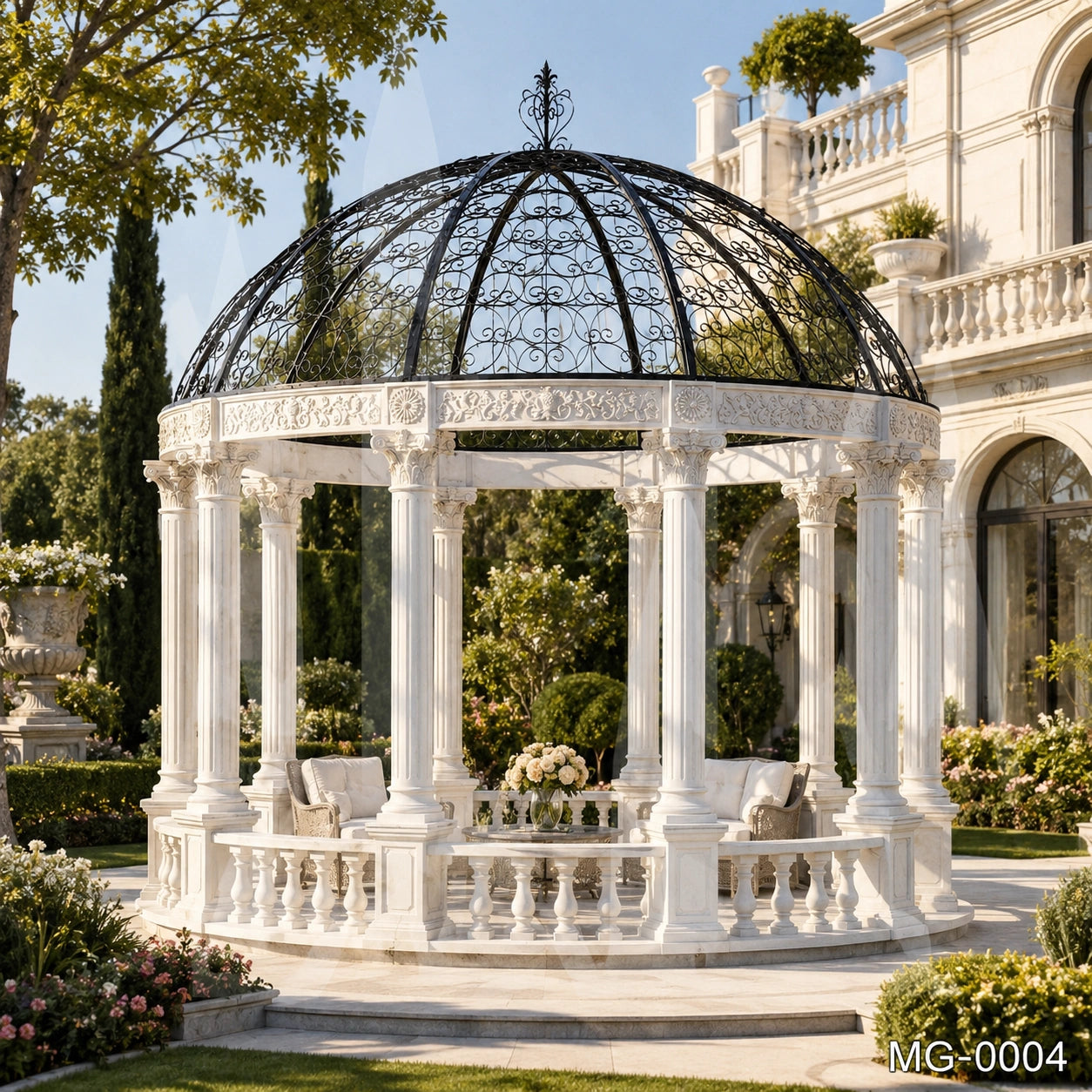 Luxury White Marble Gazebo with Hand-Forged Iron Dome | Classical Garden Pavilion