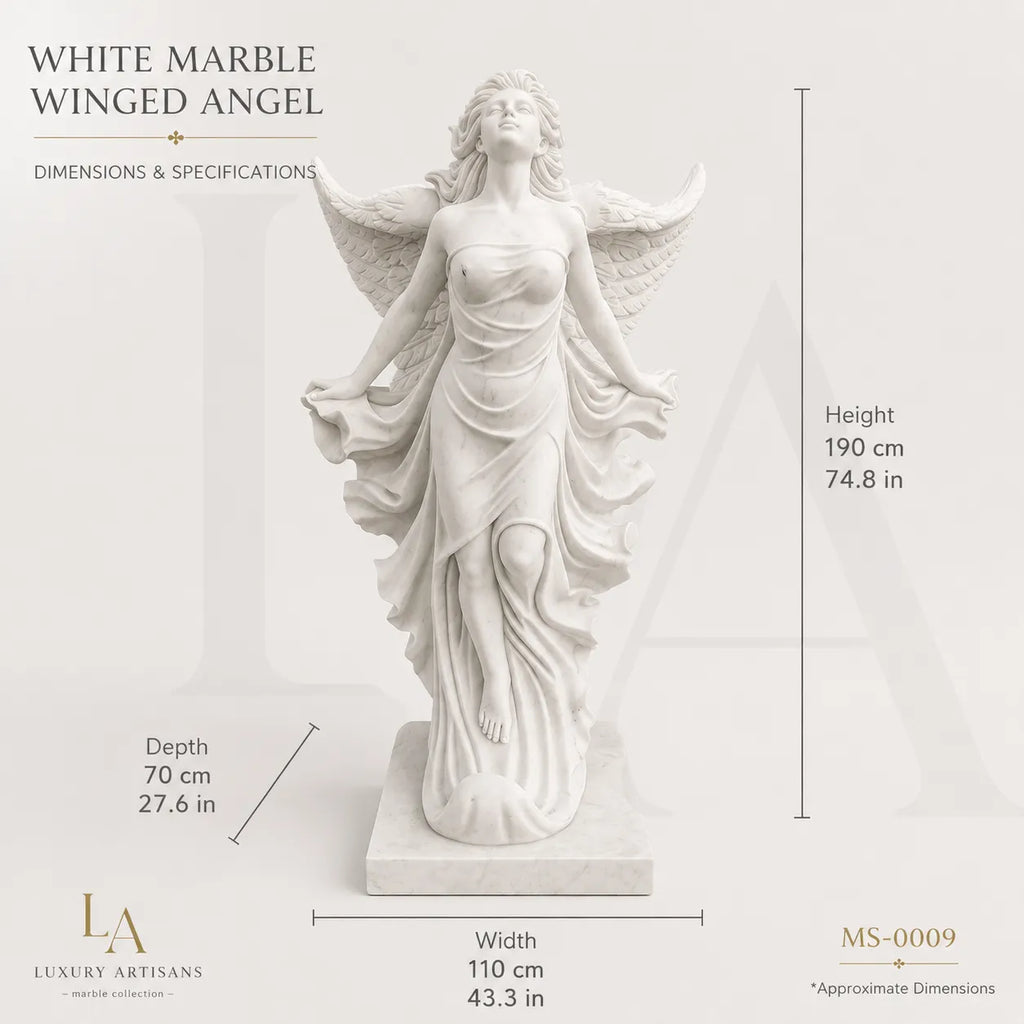 Angel Wings Marble Sculpture | Heavenly Guardian Garden Statue in Natural Stone
