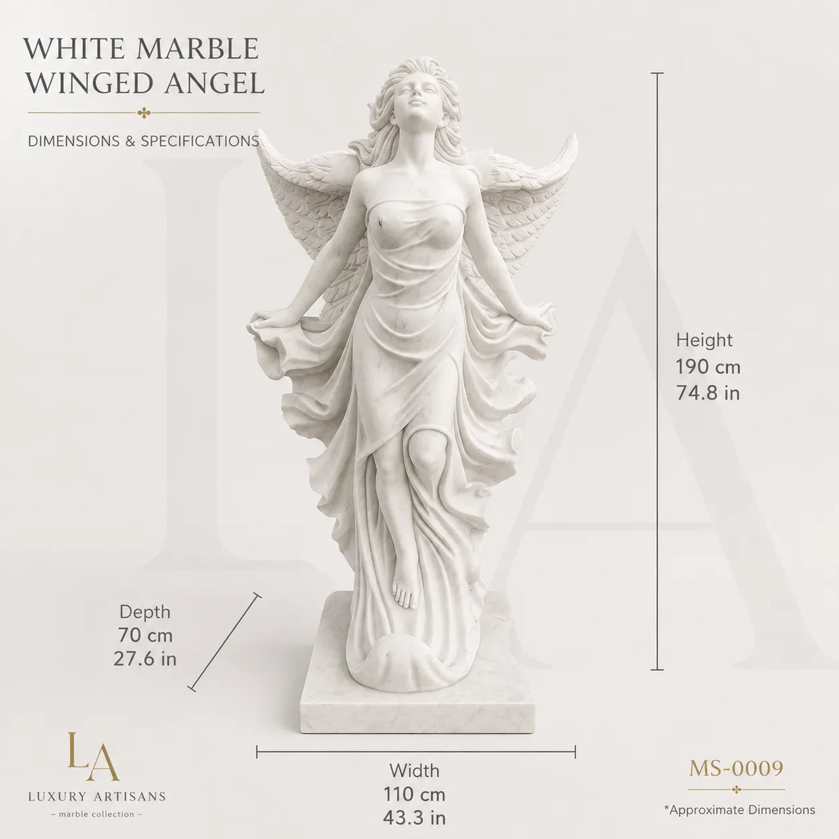 Angel Wings Marble Sculpture | Heavenly Guardian Garden Statue in Natural Stone