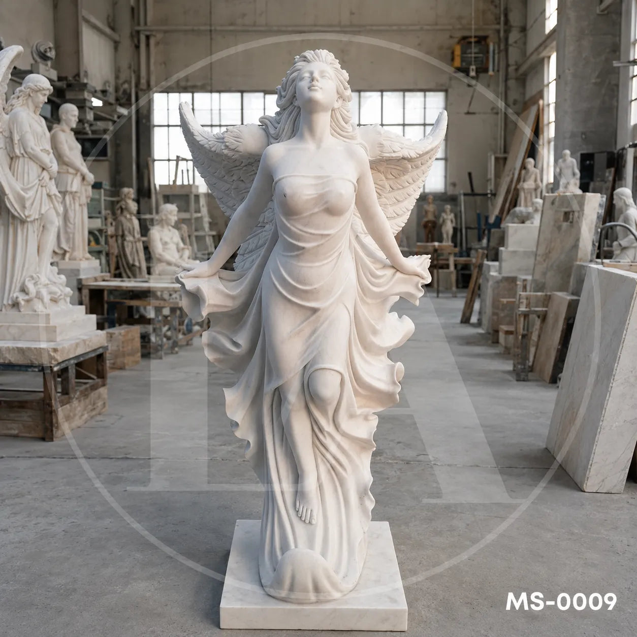 Angel Wings Marble Sculpture | Heavenly Guardian Garden Statue in Natural Stone