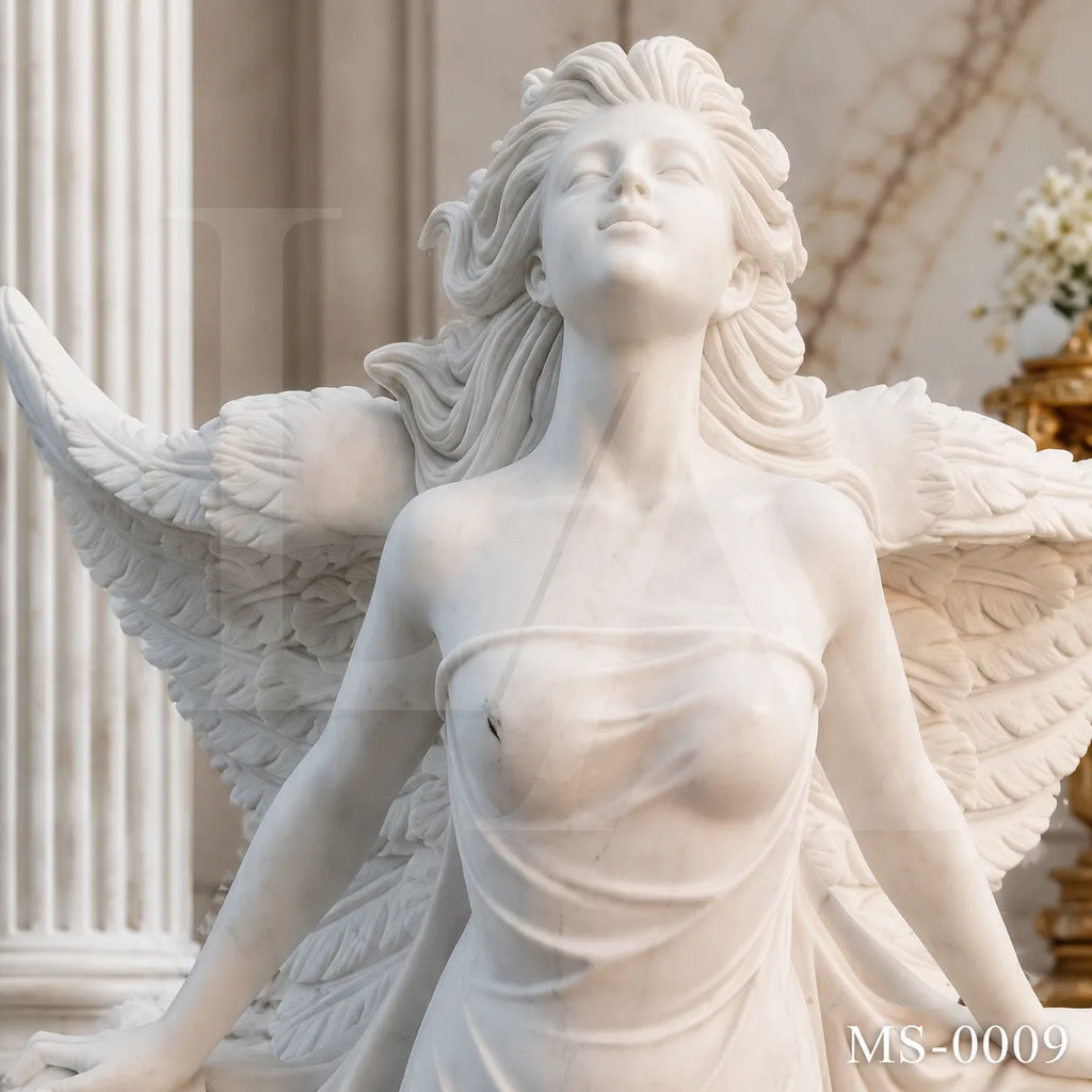 Angel Wings Marble Sculpture | Heavenly Guardian Garden Statue in Natural Stone