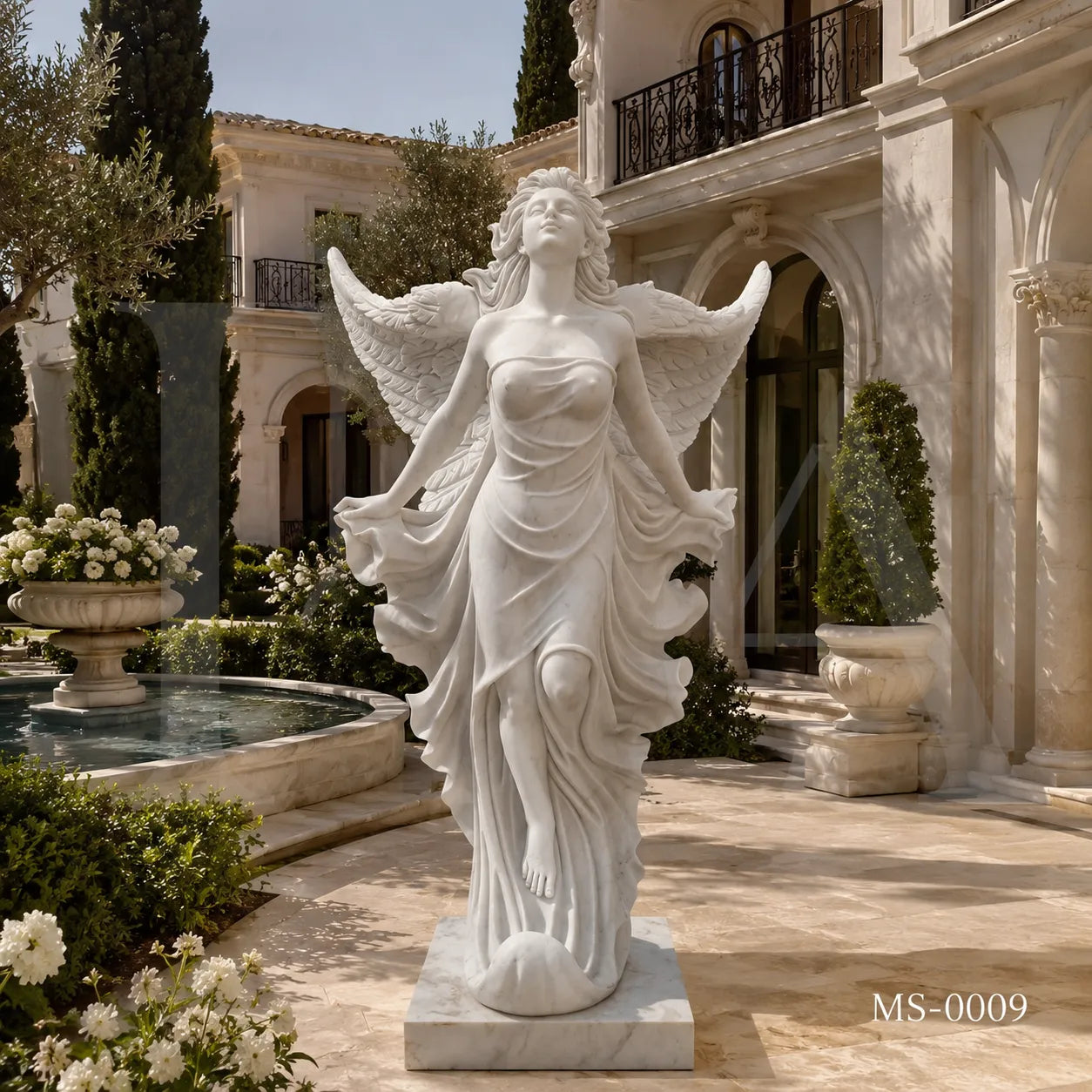 Angel Wings Marble Sculpture | Heavenly Guardian Garden Statue in Natural Stone