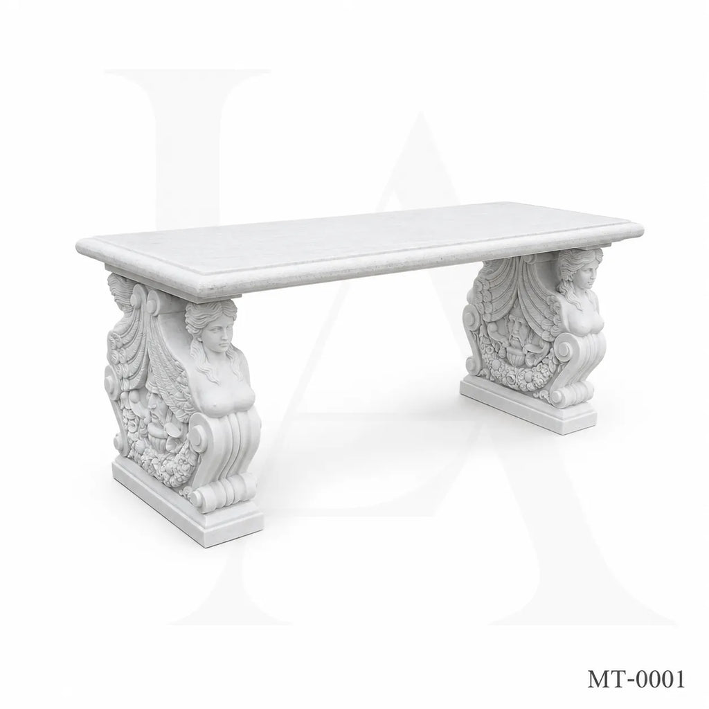 Luxury White Marble Dining Table with Winged Goddess Pedestals | 72" Classical Stone Dining Table