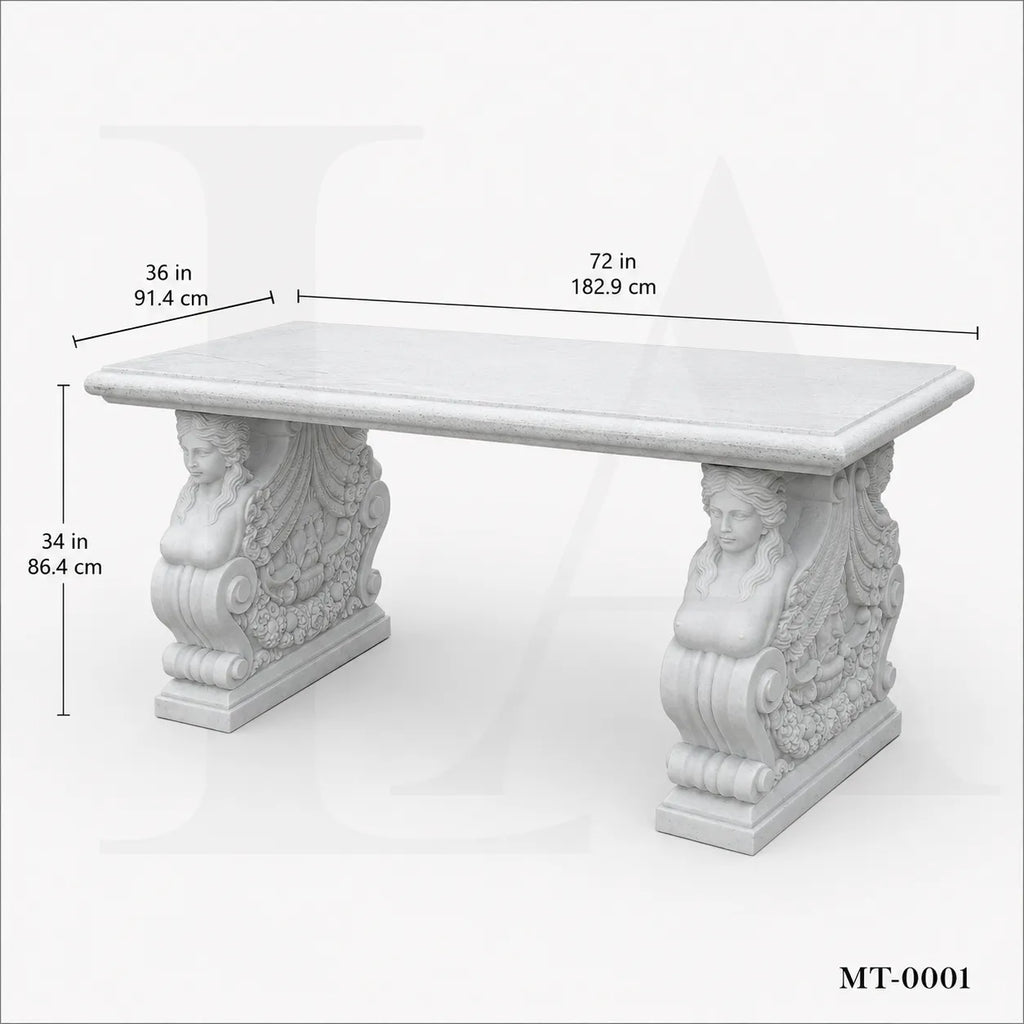 Luxury White Marble Dining Table with Winged Goddess Pedestals | 72" Classical Stone Dining Table
