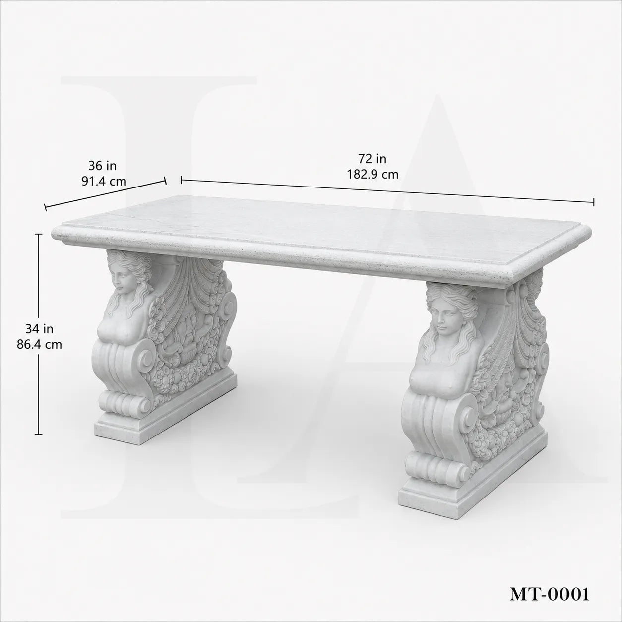 Luxury White Marble Dining Table with Winged Goddess Pedestals | 72" Classical Stone Dining Table