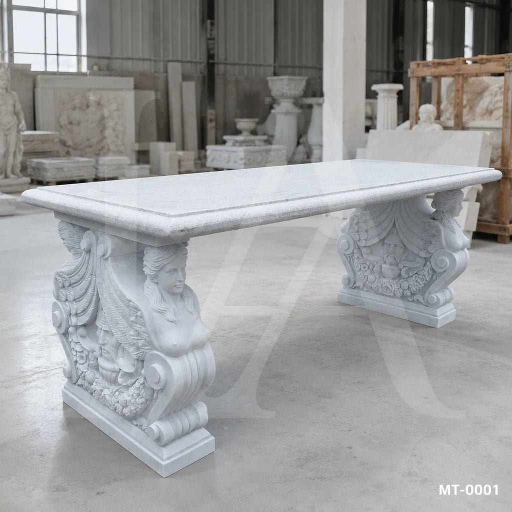 Luxury White Marble Dining Table with Winged Goddess Pedestals | 72" Classical Stone Dining Table