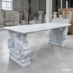 Luxury White Marble Dining Table with Winged Goddess Pedestals | 72" Classical Stone Dining Table