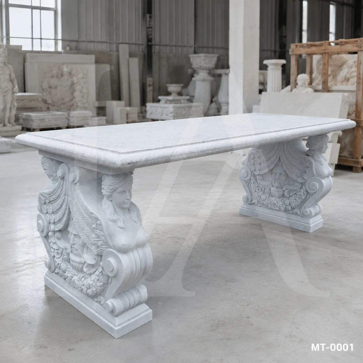 Luxury White Marble Dining Table with Winged Goddess Pedestals | 72" Classical Stone Dining Table
