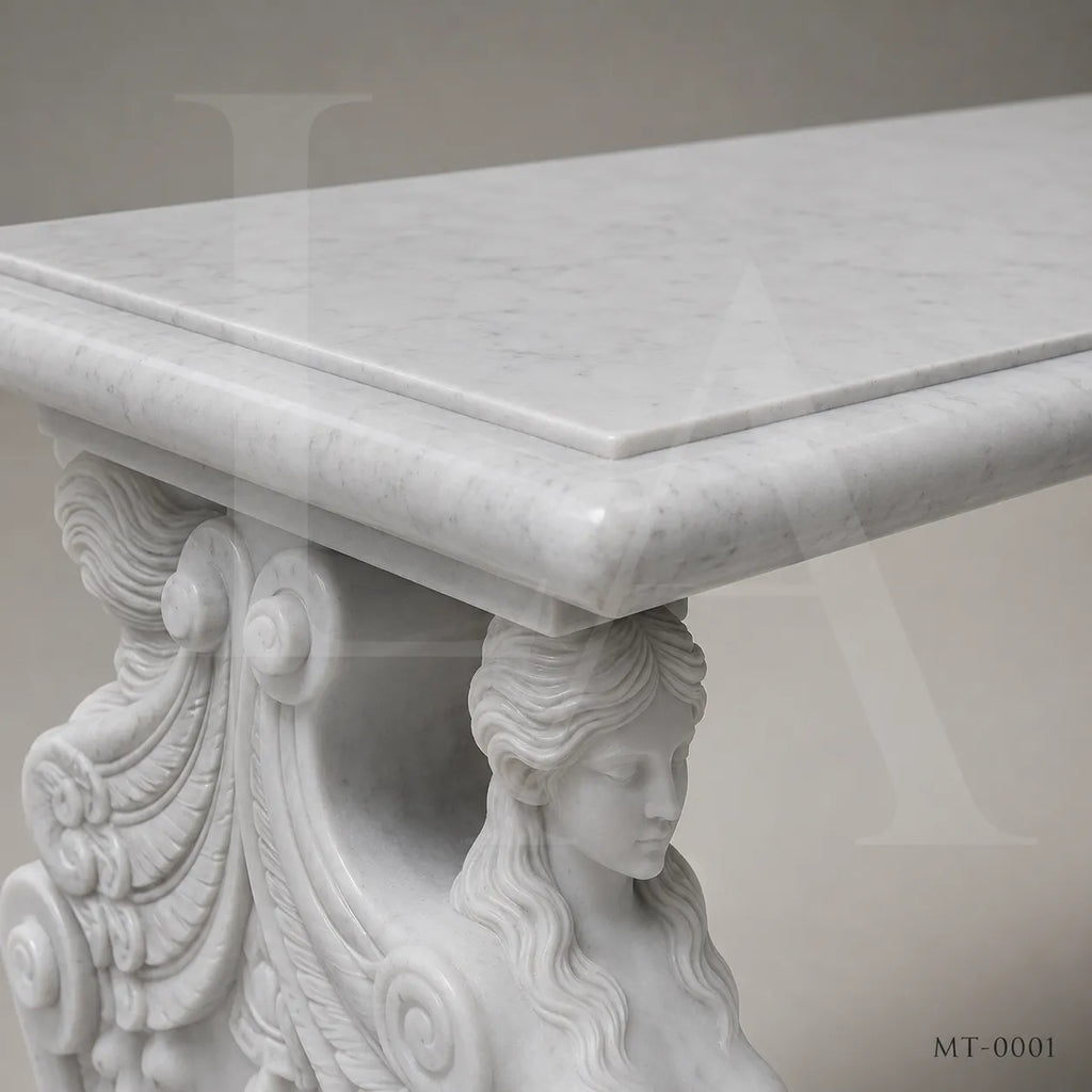 Luxury White Marble Dining Table with Winged Goddess Pedestals | 72" Classical Stone Dining Table