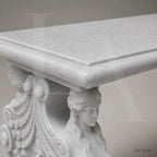 Luxury White Marble Dining Table with Winged Goddess Pedestals | 72" Classical Stone Dining Table