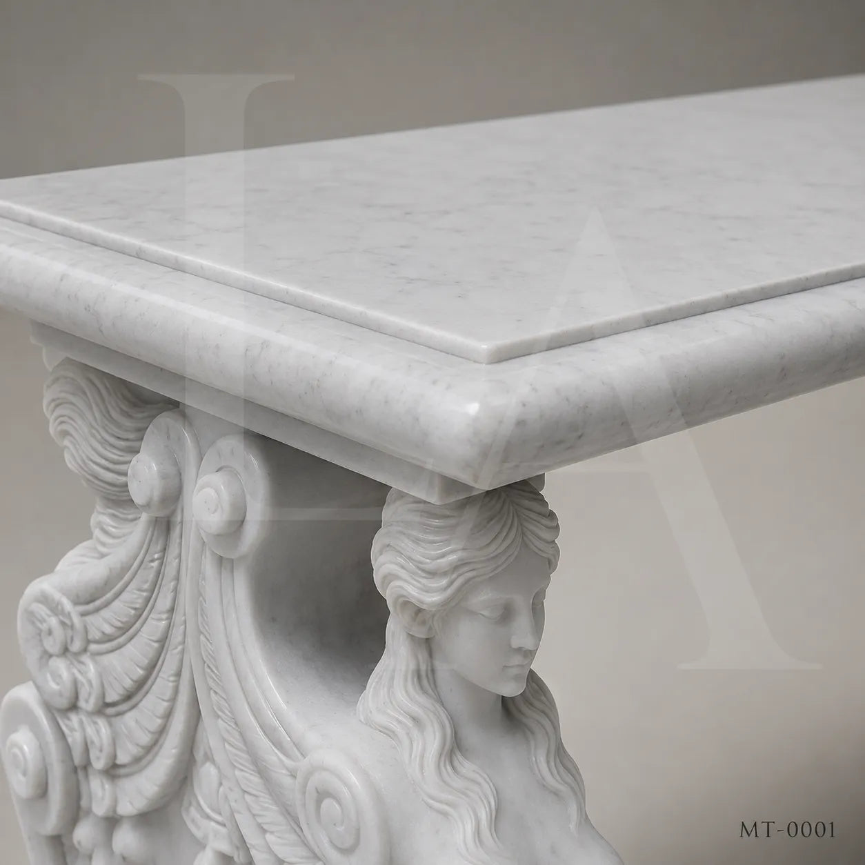 Luxury White Marble Dining Table with Winged Goddess Pedestals | 72" Classical Stone Dining Table