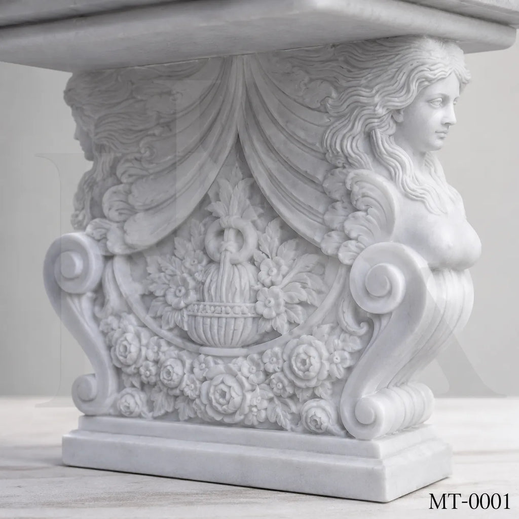 Luxury White Marble Dining Table with Winged Goddess Pedestals | 72" Classical Stone Dining Table